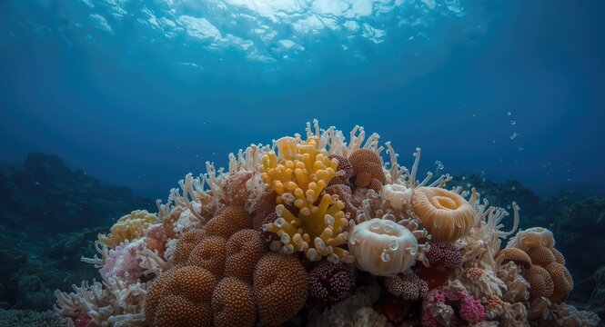 Various tunicates clustered on coral surface