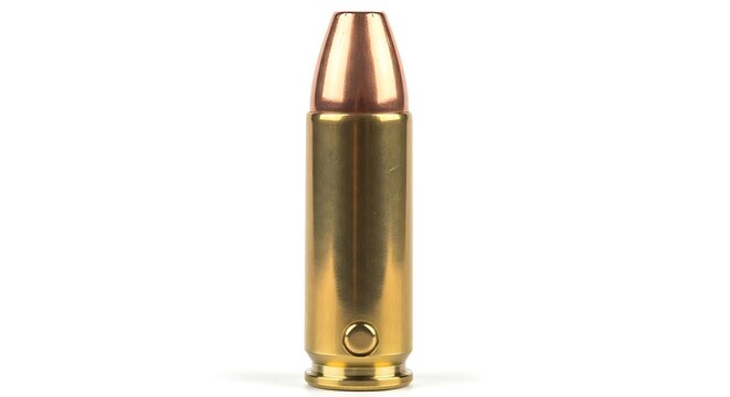 A single brass handgun ammunition cartridge standing upright isolated on a plain white background illustration