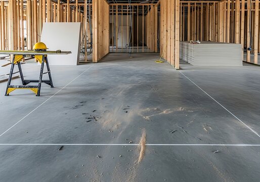 Construction site with sawhorses and building materials in unfinished room
