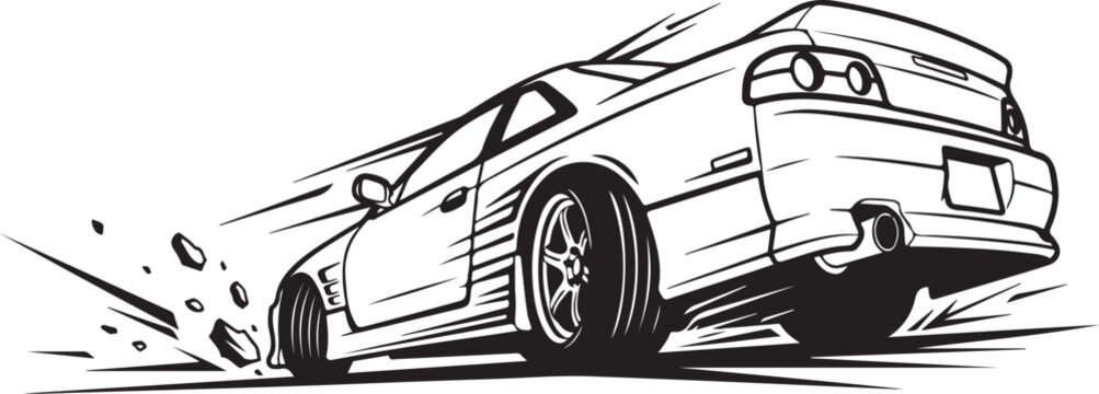 Drifting Car Vector, Sports Car Illustration, Black and White Line Art, Racing Car Design Element