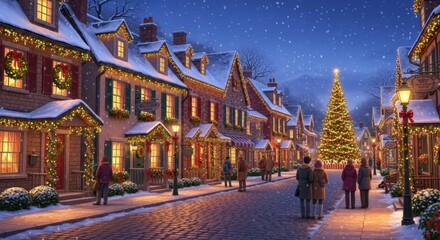 Fototapeta premium A snowy village street at christmas time