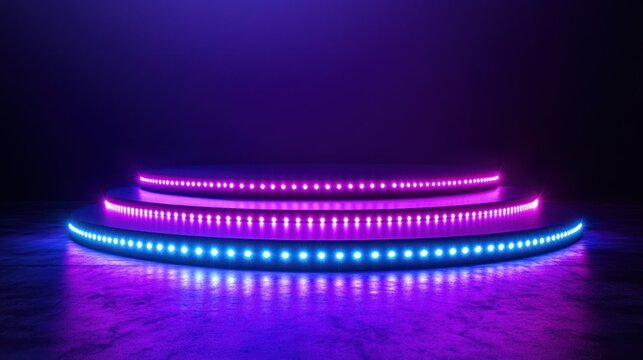 Neon rings, tiers, stage, on dark concrete