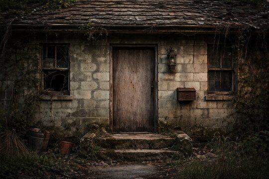 Exterior view of an abandoned house with a sealed door and aged cinder block wall showing rustic charm and historical features