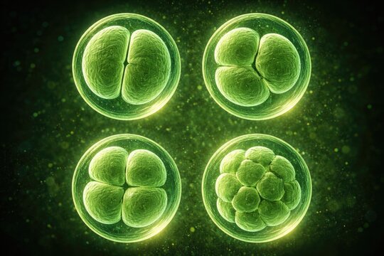 Cell division stages captured in fertilized sea bream eggs through light microscopy with green filter illumination
