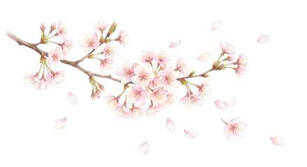 Naklejka premium Blooming cherry blossom branch with falling pink petals, delicate soft watercolor illustration on white background, isolated.