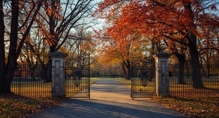 Fototapeta premium Wrought iron park gates amid orange and red autumn trees