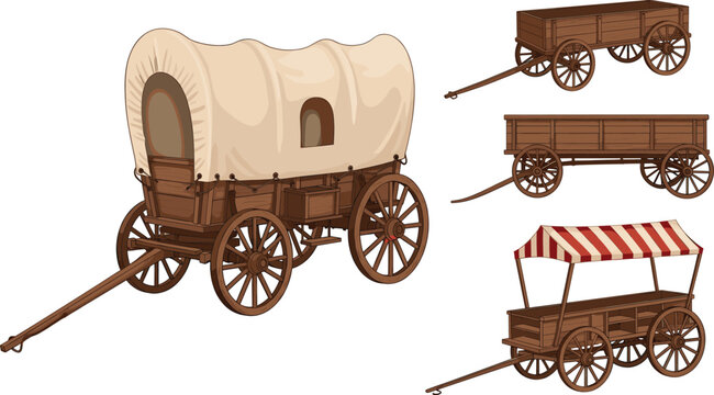 Collection of vintage wooden wagons, including a covered wagon and a market stall cart, representing historical transport, trade, and pioneer life.