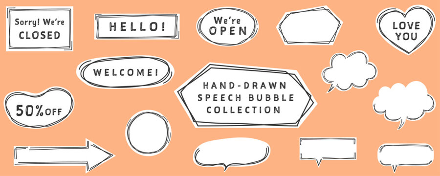 シンプルでかわいい手描きの吹き出しセット　ベクターイラスト　二重線　ステッカー　矢印　ハート　雲 フキダシ　ステッカー風