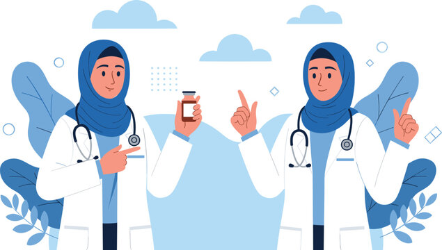 Two Muslim female doctors in hijab and lab coats, one holding medicine, the other pointing, representing healthcare professionals and medical expertise.