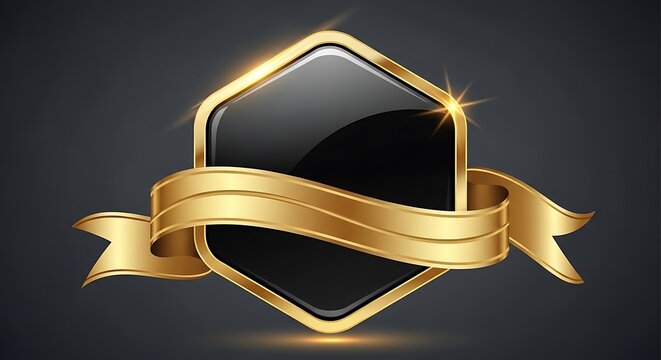 A polished black hexagonal shield decorated with a flowing gold ribbon on a dark grey background illustration