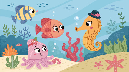 Obraz premium Cartoon sea creatures with accessories swim underwater near coral reef with seaweed