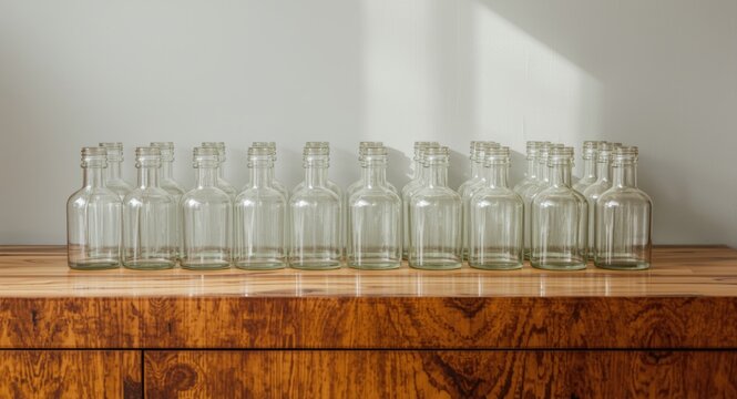 Wood surface holding a tidy array of glass bottles forming a captivating display