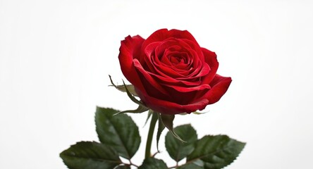 Fototapeta premium Sophisticated close up of a red rose flower with green foliage on a white background