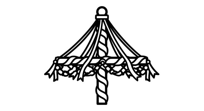 A simple line drawing of a maypole with ribbons and flowers attached to the top.