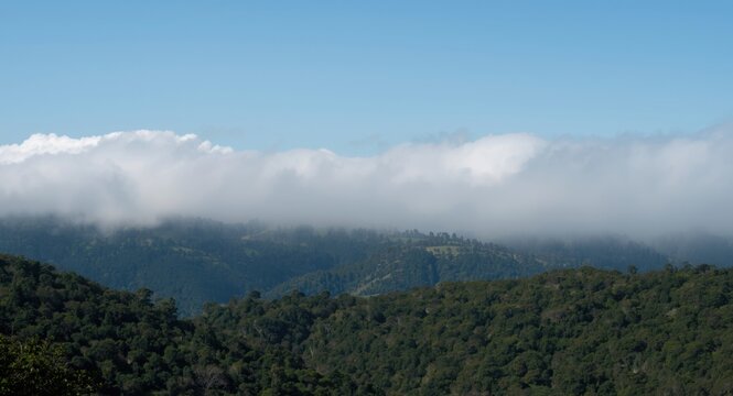 Natural terrain hidden beneath smoke and low cumulus cloud cover