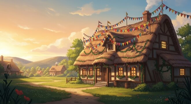 A house with a thatched roof and a mountain in the background