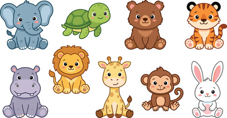 Obraz premium Cute Baby Animals Cartoon Set Elephant Turtle Bear Tiger Lion Giraffe Monkey Rabbit Hippo Kawaii Style Kids Friendly Vector Illustration