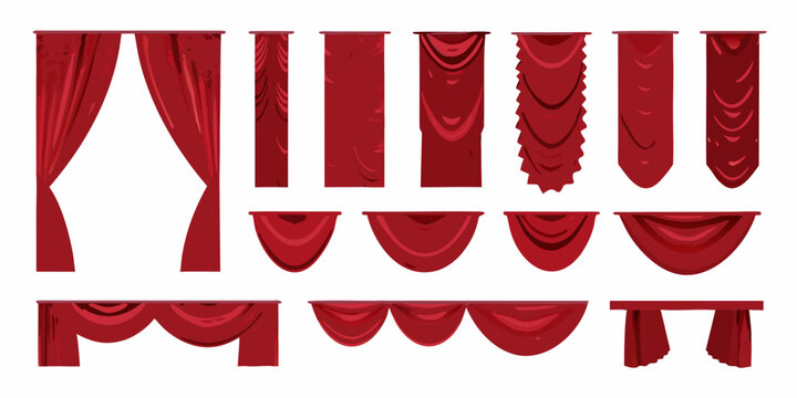 Collection of red drapery and curtain styles arranged in a grid