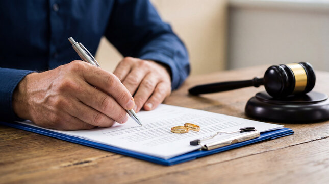 Close-up of Man Signing Divorce Decree or Legal Papers with Wedding Rings and Gavel on Table