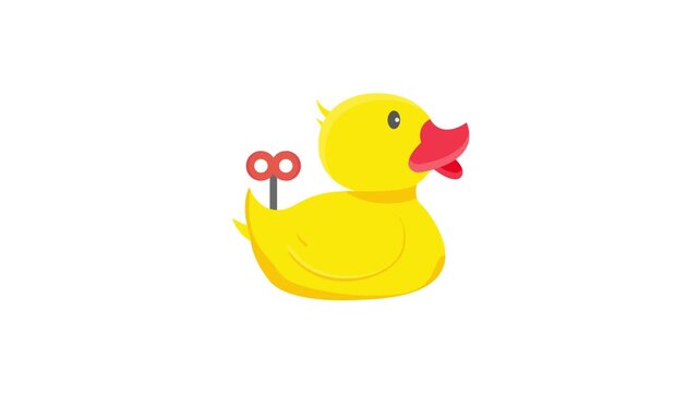 A yellow duck holding a pair of scissors in its beak, set against a plain background.