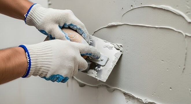 Plasterer's gloved hands expertly applying finishing coat to wall surface