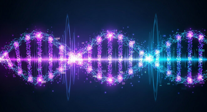 Vibrant dna double helix with purple and blue neon lights on dark background symbolizing genetic code and biotechnology
