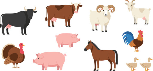 Fototapeta premium Farm animal collection with cow pig sheep goat horse rooster turkey duck livestock vector illustration set isolated