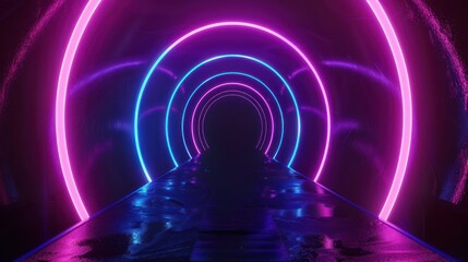 Obraz premium 3d render, glowing lines, tunnel, neon lights, virtual reality, abstract background, square portal, arch, pink blue spectrum vibrant colors, laser show Dark room with neon light and podium.