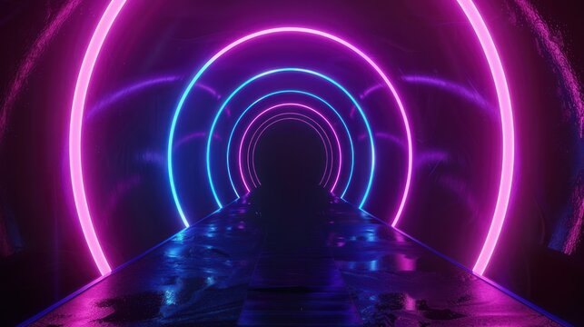 3d render, glowing lines, tunnel, neon lights, virtual reality, abstract background, square portal, arch, pink blue spectrum vibrant colors, laser show Dark room with neon light and podium.
