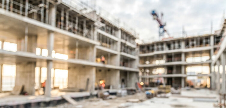 A blurred construction site showcasing an unfinished building with scaffolding, illustrating urban development and ongoing infrastructure work.