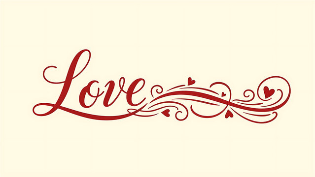 Red love text with decorative hearts on beige background