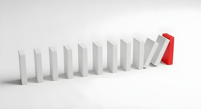 Row of Standing White Wooden Dominoes Single Red Block Stopping Them Falling Risk Management Concept White Background