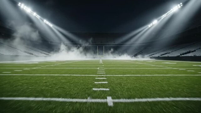 Foggy football field illuminated by stadium lights, showcasing the green turf and yard lines, creating an atmospheric sports environment for an upcoming game