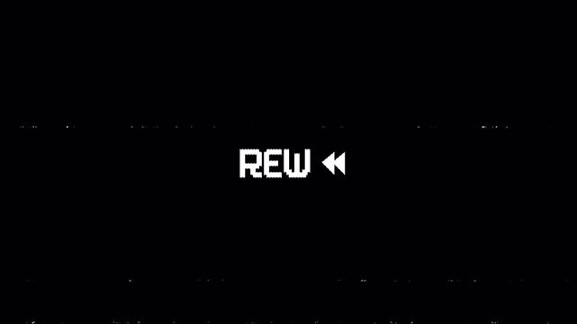 Analog television shows animated VHS rewinds with REWIND text. 4K animated videos