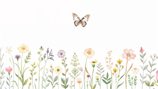 A whimsical watercolor illustration captures the delicate beauty of a meadow blooming with wildflowers and a solitary butterfly fluttering overhead, evoking a sense of gentle nature's tranquility