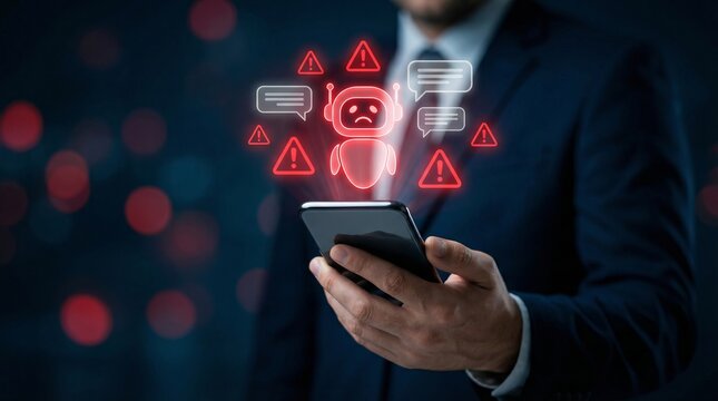 Highlighting potential data breaches and smart automation failure, an AI chatbot system shows error, warning, and cybersecurity risk icons in a digital communication environment.