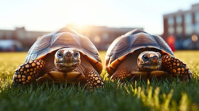 Two tortoises in green grass field.