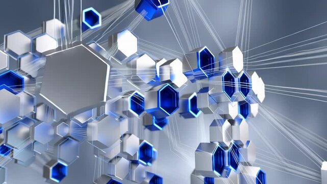 Materials Scientist Examines Intricate Chrome Hexagon Arrangement. Detailed Inspection Of Precise Metallic Hex Pattern With Reflective Chrome Elements And Blue Accents