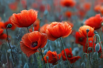 Naklejka premium Poppies bloom in a field under dark, ominous clouds in the background, creating a striking contrast.