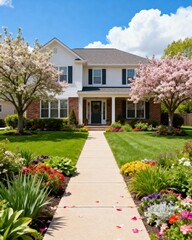 Obraz premium Residential property with beautiful landscaping, pathway, and modern house design in sunny outdoor setting