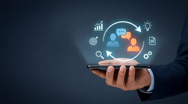 Smartphone displaying two people exchanging messages in a digital feedback cycle, essential for corporate collaboration, project planning, and enhancing team performance.