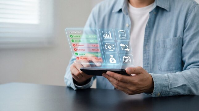 Digital income and expense tracking is shown on a smartphone, used for personal budgeting and financial data analytics.