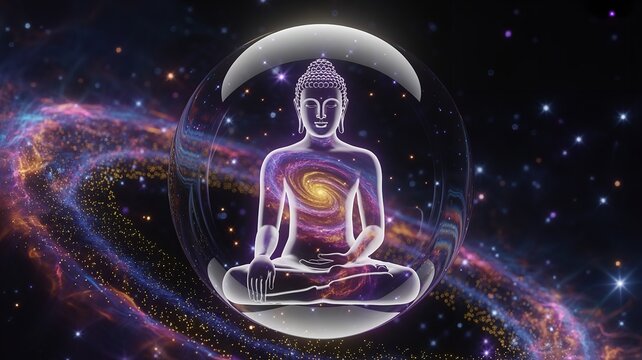 Digital illustration of a Buddha figure representing enlightenment and cosmic spirituality.