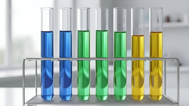 과학실 실험도구와 색깔별 용액들lab tools and color-coded solutions