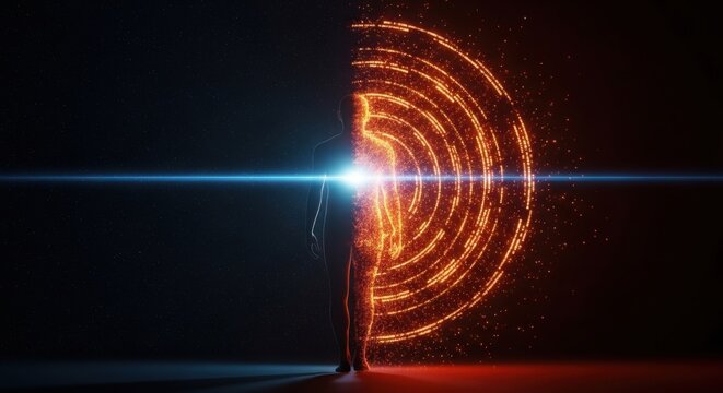 Person standing at threshold of vibrant digital gateway