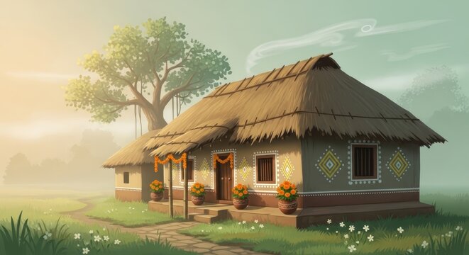 A small house with a thatched roof and a tree in the background