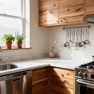 Minimal modern kitchen with wooden cabinetry, white countertops, and stainless appliances designed for simplicity, functionality, and aesthetic appeal