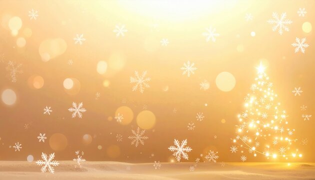 Fondo navide&ntilde;o dorado con un &aacute;rbol de navidad brillante hecho de luces m&aacute;gicas, copos de nieve cayendo y un efecto de desenfoque bokeh elegante.
