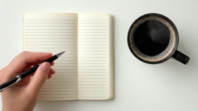 A blank lined notebook and a cup of coffee sit on a white surface