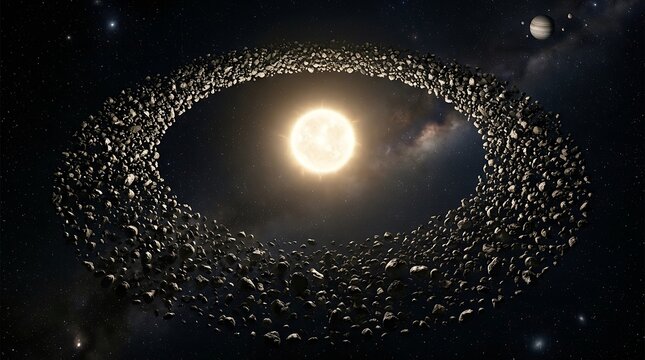 An artistic representation of a dense astroid belt surrounding a glowing star with distant planets orbiting in the vast darkness of deep space